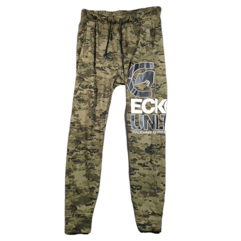 Ecko‎ Unltd Pants Mens Medium Green Camo Sweatpants Joggers Army Logo Spellout